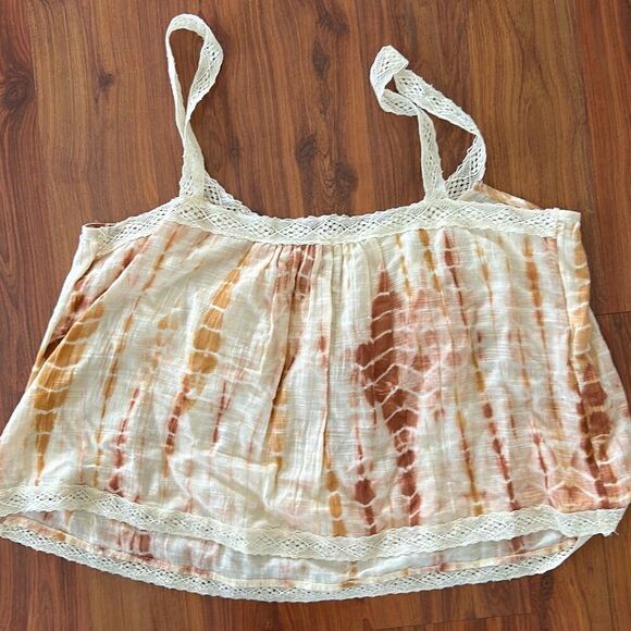 Lucky Brand cream and rust tie-dyed lightweight gauze cropped shirt tank top wit - Picture 4 of 4